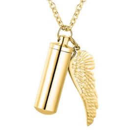 HooAMI Angel Wing Charm & Cylinder Memorial Urn Necklace Stainless Steel Cremation Jewelry 