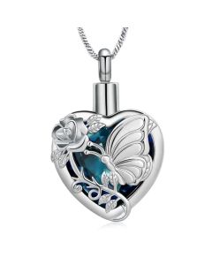 Butterfly Rose Heart - Stainless Steel Cremation Ashes Jewellery Pendant