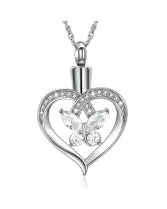 Butterfly Sparkle Heart - Stainless Steel Cremation Ashes Jewellery Urn Keepsake Pendant
