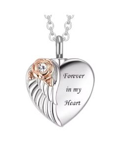 Rose Winged Heart - Stainless Steel Cremation Ashes Jewellery Urn Pendant