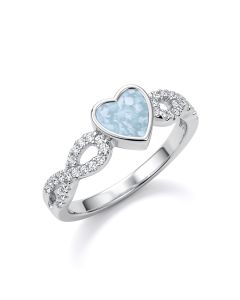 Ladies sterling silver Infinite Hearts memorial ring featuring Swarovski stones and a LifeStone™ heart, crafted with ashes and crushed diamonds.