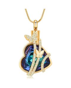 Iridescent Butterfly Blue Heart - Gold Stainless Steel Cremation Ashes Jewellery Urn Pendant