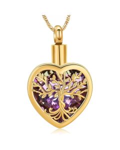 Iridescent heart-shaped cremation pendant with Tree of Life design, shimmering in blue, purple, and aqua tones, made from hypoallergenic stainless steel and designed to hold a small portion of ashes.
