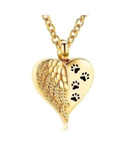 Pawprint Winged Heart -Gold Stainless Steel Cremation Ashes Jewellery Urn Pendant