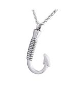 Fish Hook ashes jewellery pendant in hypoallergenic stainless steel, designed to hold cremation ashes in a discreet urn chamber – a meaningful tribute for anglers and nature lovers.