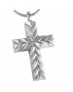 Modern Cross cremation pendant in hypoallergenic stainless steel with hidden ashes chamber—a sleek, faith-inspired keepsake symbolising strength, remembrance, and enduring love.