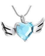 Crystal Wing Heart Blue-Stainless Steel Cremation Ashes Jewellery Urn Pendant