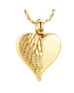 Feathered Wing Heart Gold -Stainless Steel Cremation Ashes Jewellery Urn Pendant