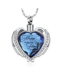 Always on my Mind Blue Crystal Heart - Stainless Steel Cremation Ashes Jewellery Urn Pendant