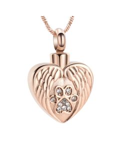 Angel Wings Paw Heart Rose Gold - Stainless Steel Cremation Ashes Jewellery Urn Pendant