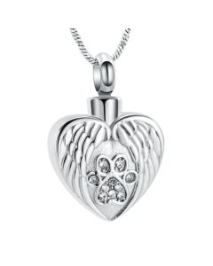 Angel Wings Paw Heart - Stainless Steel Cremation Ashes Jewellery Urn Pendant