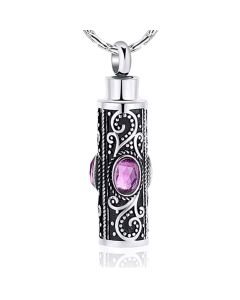 Antiqued Regal Amethyst Cylinder - Stainless Steel Cremation Ashes Urn Pendant