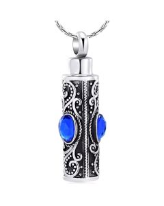 Antiqued Regal Sapphire Cylinder - Stainless Steel Cremation Ashes Urn Pendant