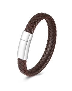Woven Brown Leather Bracelet - Stainless Steel Cremation Ashes Jewellery