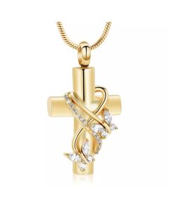 Butterfly Cross Yellow Gold - Stainless Steel Cremation Ashes Jewellery Urn Pendant