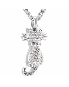 Crystal Cat - Stainless Steel Cremation Ashes Jewellery Urn Pendant