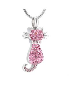 Crystal Cat Pink - Stainless Steel Cremation Ashes Jewellery Urn Pendant