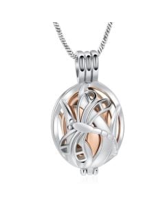 Dragonfly Rose Oval Urn Locket - Stainless Steel Cremation Ashes Jewellery Urn Pendant