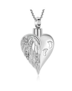 Footprint Wing Heart -Stainless Steel Cremation Ashes Jewellery Memorial Pendant