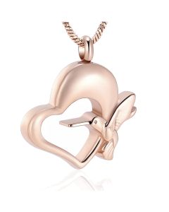 Hummingbird Heart Rose Gold - Stainless Steel Ashes Jewellery Memorial Urn Pendant