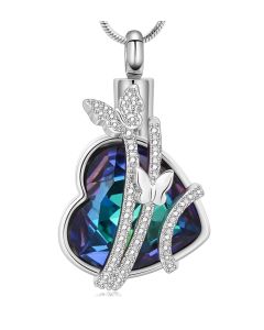 Iridescent Butterfly Blue Heart -Stainless Steel Cremation Ashes Jewellery Urn Pendant