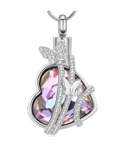 Iridescent Butterfly Pink Heart -Stainless Steel Cremation Ashes Jewellery Urn Pendant
