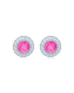 LifeStone™ Ladies Sterling Silver Forever Round Cremation Ashes Earrings-Magenta