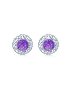 LifeStone™ Ladies Sterling Silver Forever Round Cremation Ashes Earrings-Violet