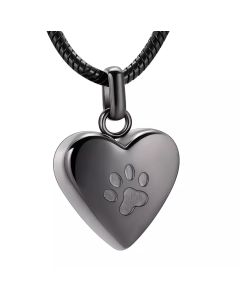 Pet Paw Heart Black - Stainless Steel Cremation Ashes Memorial Pendant