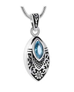 Aquamarine Flower Teardrop - Stainless Steel Cremation Ashes Jewellery Pendant