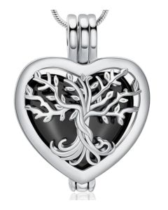 Tree of Life Heart Locket -Black Stainless Steel Cremation Ashes Jewellery Urn Pendant