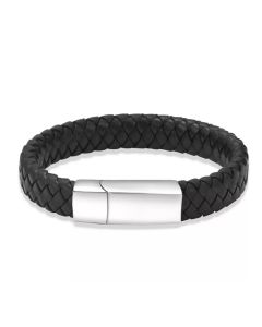 Woven Black Leather Bracelet - Stainless Steel Cremation Ashes Jewellery